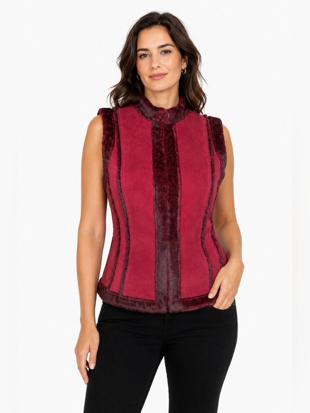 Vintage Prosper & Devine Burgundy Leather Shearling Trim Vest Womens M